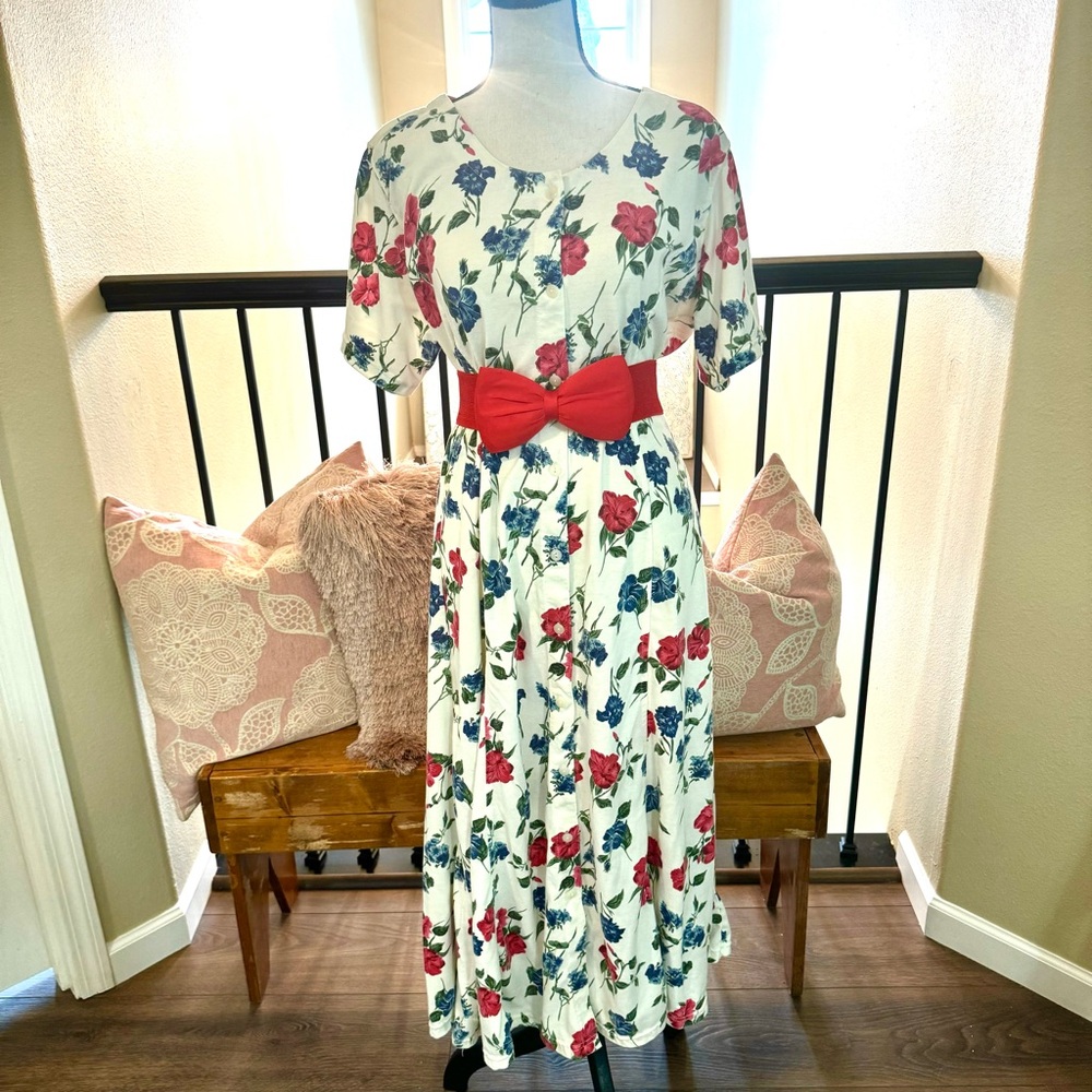 Vintage 90s maxi floral dress button front dress red white blue